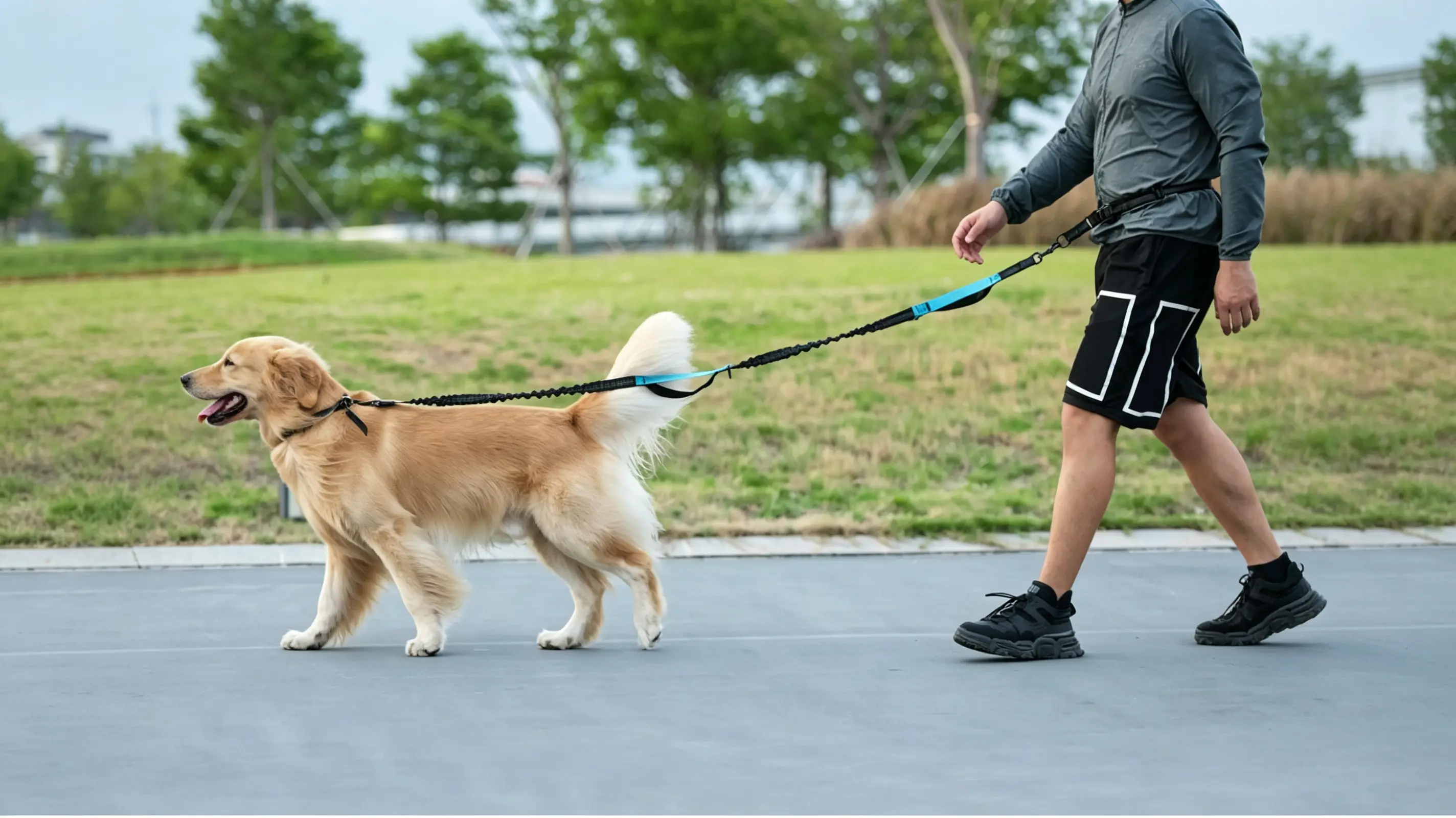 hands-free-dog-leash-double-bungee-shock-absorber-waist-belt