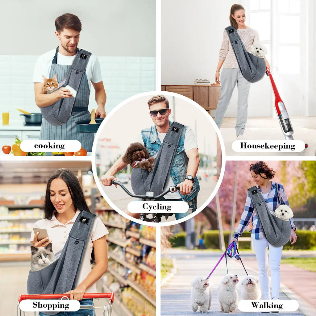 Pet sling carrier multi-scene use - cooking, housekeeping, cycling, shopping, walking