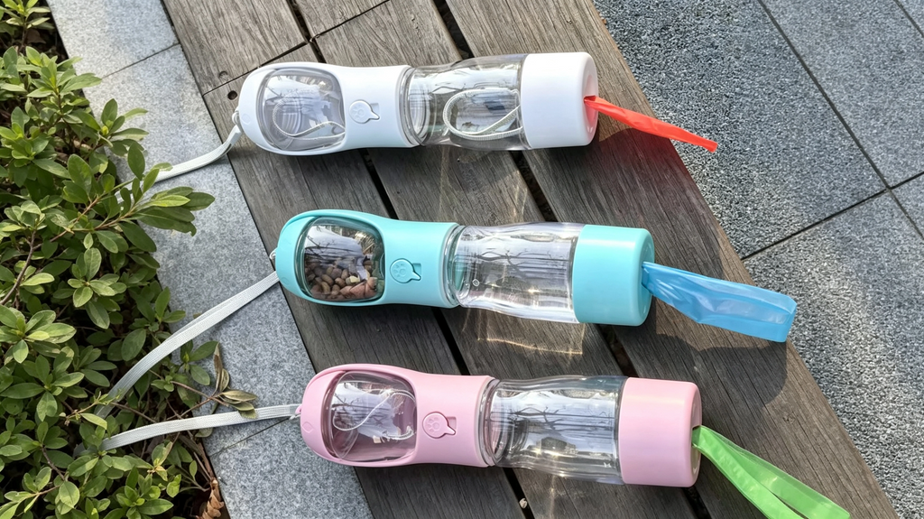 3-in-1 Pet Water Bottle – Water, Food & Waste Bag Storage